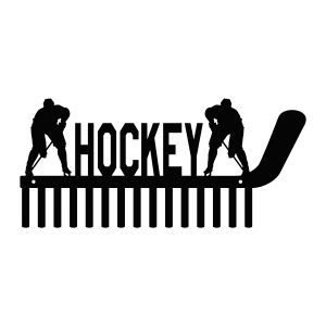 Black metal wall rack with the word 'HOCKEY' in bold letters, flanked by a silhouette figure of a hockey player. A large hockey stick extends seamlessly into the design. Below the word are evenly spaced hooks for hanging items. The entire piece is sleek and designed for functionality and style.
